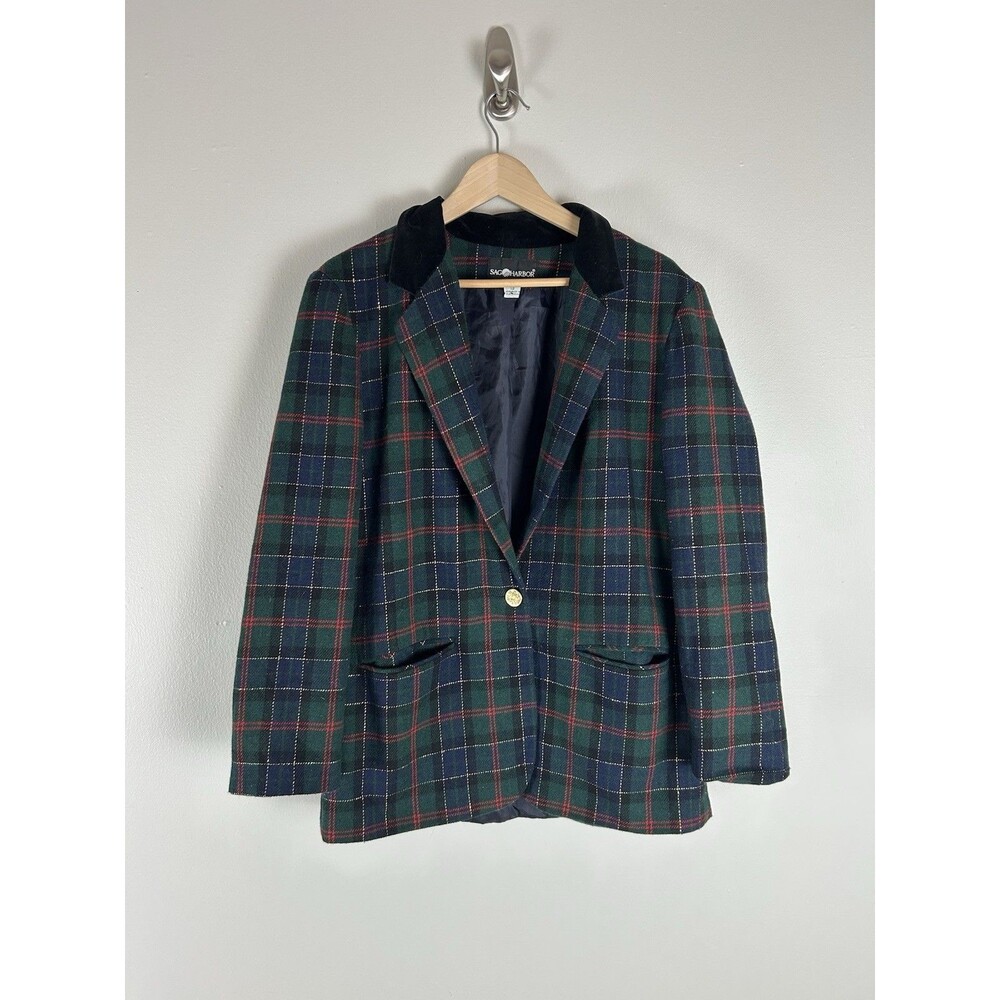 Sag Harbor Blazer Womens 12 Red Green Wool Tartan Plaid Tweed Preppy Gold Button